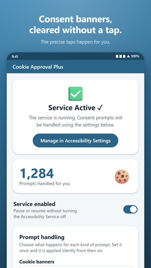 The app's main screen, showing the service active and a count of prompts handled.
