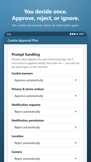 The settings screen, with a policy dropdown for each kind of prompt.