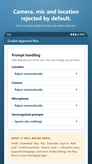 Settings showing camera, microphone and location set to reject by default.