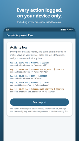 The activity log, listing each press the app made and each one it refused.