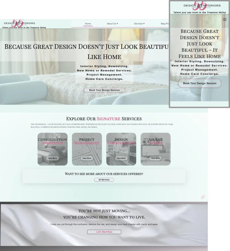Design 55 Interiors website on desktop and phone